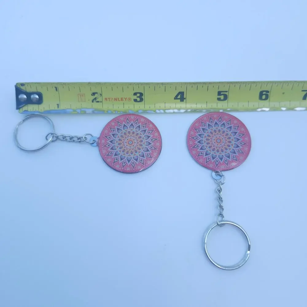 Lot 2 Pink Mandala Keychains Boho Henna Floral Geometric Metal Purse Bag Charms